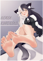 Rule 34 | 1girl, absurdres, animal ears, barefoot, black hair, blush, cat ears, cat tail, feet, highres, long hair, looking at viewer, multicolored hair, open mouth, original, soles, tail, toes, two-tone hair, white hair, yellow eyes