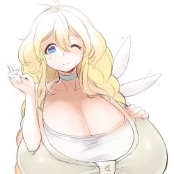 Rule 34 | 1girl, blonde hair, blue eyes, breasts, choker, cleavage, fairy wings, gigantic breasts, heart, heart-shaped pupils, long hair, naso4, one eye closed, original, smile, solo, symbol-shaped pupils, taut clothes, wings, wink