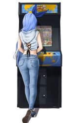 1girl arcade ass bae_minah_(chaesu) bare_shoulders blue_hair chaesu denim denim_jeans from_behind hair_ribbon highres hood hood_down hoodie jeans long_hair original pants ribbon shoes solo very_long_hair