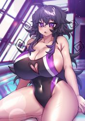 Rule 34 | 1girl, :o, absurdres, ahoge, blush, breasts, cleavage, competition swimsuit, curvy, fang, highres, huge breasts, lewdweather, long hair, looking at viewer, nail polish, nyarla (osiimi), one-piece swimsuit, open mouth, original, osiimi, pool, poolside, purple eyes, purple hair, purple nails, rei no pool, sidelocks, sitting, solo, swimsuit, thick thighs, thighs, vaporwave
