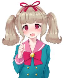 Rule 34 | 1girl, aikatsu! (series), aikatsu on parade!, blue shirt, blush, bow, commentary request, hair ribbon, highres, kiseki raki, light brown hair, long hair, looking at viewer, open mouth, pink eyes, red bow, red ribbon, ribbon, rocha (aloha ro cha), shirt, sidelocks, simple background, smile, solo, twintails, white background