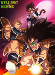 Rule 34 | 3boys, armor, brown hair, clenched hand, dragon ball, dragonball z, eyebrows, grin, long hair, male focus, moon, multiple boys, muscular, nappa, raditz, scouter, sky, smile, spiked hair, tail, thick eyebrows, vegeta