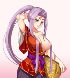 Rule 34 | 1girl, alternate costume, arm behind head, basket, blush, breasts, cosplay, covered erect nipples, facial mark, fate/grand order, fate (series), forehead mark, hair censor, hair over one breast, japanese clothes, large breasts, light blush, long hair, looking at viewer, medusa (fate), medusa (rider) (fate), nichts (nil), off shoulder, one breast out, ponytail, purple eyes, purple hair, sidelocks, solo, tawara touta (fate), tawara touta (fate) (cosplay), very long hair