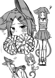 Rule 34 | 1girl, alternate hairstyle, animal ears, ass, blush, breasts, cheerleader, chibi, closed mouth, commentary request, floppy ears, full body, ginger ale (syouga 6383), greyscale, hair ornament, hairclip, looking at viewer, midriff, monochrome, mouse ears, mouse girl, mouse tail, multiple views, navel, nazrin, panties, pom pom (cheerleading), shoes, short hair, simple background, skirt, small breasts, sneakers, socks, squiggle, standing, swept bangs, tail, touhou, underwear