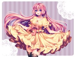 Rule 34 | 1girl, artist name, black thighhighs, blush, breasts, cleavage, cleavage cutout, clothing cutout, collarbone, dress, highres, large breasts, long hair, looking at viewer, open mouth, original, pink hair, purple eyes, sasucchi95, smile, solo, thighhighs, very long hair, watermark, yellow dress