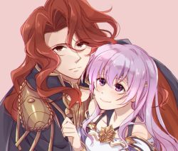 Rule 34 | 1boy, 1girl, armor, arvis (fire emblem), blush, cape, closed mouth, clothing cutout, father and daughter, fire emblem, fire emblem: genealogy of the holy war, highres, ikuradon tabeti, julia (fire emblem), long hair, looking at another, nintendo, purple hair, red eyes, red hair, shoulder armor, shoulder cutout, simple background