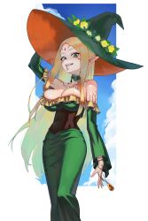 Rule 34 | 1girl, absurdres, black corset, blonde hair, blue sky, body markings, border, breasts, choker, cleavage, cloud, cloudy sky, commentary, corset, dress, elf, facial mark, feet out of frame, flower, forehead mark, frilled dress, frills, gemi ningen, green choker, green dress, green eyes, green hat, hat, hat flower, highres, large breasts, long hair, looking at viewer, off-shoulder dress, off shoulder, original, outside border, pathfinder, pointy ears, sharp teeth, sky, smile, solo, standing, teeth, white border, witch, witch hat, yellow flower