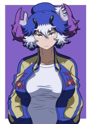 Rule 34 | 1girl, :&lt;, blue hair, breasts, character request, commentary request, constricted pupils, copyright request, crab claw, extra eyes, hair between eyes, hands in pockets, high ponytail, horns, jacket, large breasts, looking at viewer, matsuda yuusuke, pincers, purple background, red eyes, shirt, short hair, short ponytail, solo, taut clothes, taut shirt, track jacket, upper body, white hair