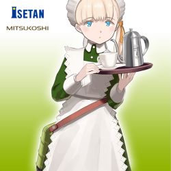 Rule 34 | 1girl, alternate costume, apron, blonde hair, blue eyes, blunt bangs, cup, dress, enmaided, frilled apron, frills, gradient background, green background, green dress, hair ornament, hair ribbon, isetan (department store), kantai collection, logo, long hair, looking at viewer, maid, maid headdress, mitsukoshi (department store), official art, ribbon, saucer, shibafu (glock23), shin&#039;you (kancolle), side ponytail, solo, teacup, teapot, tray, white apron, yellow ribbon