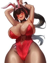 Rule 34 | 1girl, :d, ahoge, animal ears, bay (nikke), black hair, blush, breasts, brown pantyhose, collar, dark-skinned female, dark skin, fake animal ears, from below, goddess of victory: nikke, hair intakes, highleg, highleg leotard, huge breasts, leotard, long hair, looking at viewer, mawster yowda, mole, mole on breast, mole on leg, mole on stomach, mole under eye, mole under mouth, multicolored hair, navel, open mouth, pantyhose, playboy bunny, ponytail, rabbit ears, rabbit pose, red eyes, red hair, red leotard, sharp teeth, smile, solo, spiked collar, spikes, strapless, strapless leotard, streaked hair, teeth, thick thighs, thighs, veins, veiny breasts, wide hips