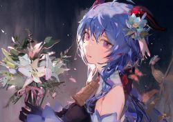 Rule 34 | bare shoulders, bell, black gloves, blue hair, bouquet, bow, bowtie, breasts, detached sleeves, flower, ganyu (genshin impact), genshin impact, glaze lily, gloves, hair between eyes, hair flower, hair ornament, highres, holding, holding bouquet, horns, long hair, looking at viewer, low ponytail, mistedsky, neck bell, purple eyes, solo, white flower