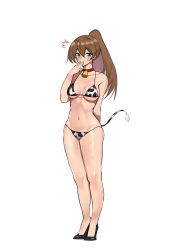 Rule 34 | 1girl, alternate costume, animal print, arms behind back, bell, bikini, black legwear, blush, breasts, brown hair, c-da, collar, covering own mouth, cow print, cow tail, hair between eyes, hand over own mouth, high heels, highres, kantai collection, kumano (kancolle), large breasts, long hair, neck bell, ponytail, red collar, simple background, solo, standing, swimsuit, tail, white background