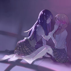 Rule 34 | 2girls, aihara mei, aihara yuzu, black hair, blonde hair, blush, braid, citrus (saburouta), couple, earrings, eye contact, face-to-face, hand on another&#039;s cheek, hand on another&#039;s face, imminent kiss, incest, inseki, jewelry, long hair, looking at another, luo., multiple girls, no shoes, school uniform, siblings, sisters, sitting, skirt, smile, yuri