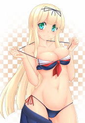 Rule 34 | 10s, 1girl, adapted costume, bikini, blonde hair, blunt bangs, bow, breasts, checkered background, clothes pull, commentary, cowboy shot, green eyes, groin, hair bow, kantai collection, kumapan, long hair, looking at viewer, medium breasts, mismatched bikini, navel, neckerchief, pulled by self, side-tie bikini bottom, sidelocks, skindentation, skirt, skirt pull, smile, solo, straight hair, strap pull, swimsuit, yuudachi (kancolle)
