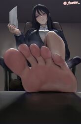 Rule 34 | 1girl, absurdres, barefoot, black hair, chair, feet, footer@unyaaan, highres, holding, holding paper, long hair, looking at object, looking to the side, office chair, office lady, paper, parted lips, sitting, soles, steam, swivel chair, toes