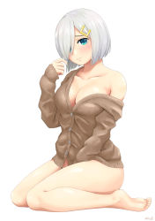 Rule 34 | 10s, 1girl, alternate costume, bare shoulders, barefoot, between legs, blue eyes, blush, bob cut, bottomless, breasts, buttons, cardigan, cleavage, collarbone, eyes visible through hair, full body, hair ornament, hair over one eye, hairclip, hamakaze (kancolle), hand between legs, hand up, head tilt, highres, kantai collection, large breasts, light smile, long sleeves, looking at viewer, off shoulder, parted bangs, short hair, signature, silver hair, simple background, sitting, sleeves past wrists, smile, soles, solo, wariza, white background, yurashima