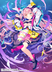 Rule 34 | 1girl, asymmetrical legwear, black footwear, blue eyes, blue hair, blush, breasts, character request, closed mouth, copyright name, copyright notice, full body, high heels, highres, leg strap, long hair, long sleeves, looking at viewer, multicolored clothes, multicolored hair, official art, pink eyes, pink hair, solo, streaked hair, striped clothes, striped thighhighs, tears, thigh strap, thighhighs, torn clothes, twintails, underboob, very long hair, wasabi (sekai), z/x