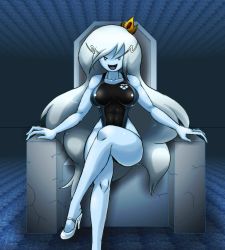 Rule 34 | adventure time, arena (company), blue skin, breasts, cartoon network, colored skin, competition swimsuit, crown, deadmoon (kein2002), fangs, high heels, highleg, highleg swimsuit, huge breasts, ice queen (adventure time), legs, crossed legs, long hair, long legs, one-piece swimsuit, shoes, swimsuit, thighs, white footwear, white hair, white heels