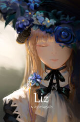 Rule 34 | 1girl, absurdres, arknights, ascot, black bow, black bowtie, black hat, black ribbon, blonde hair, blue flower, bow, bowtie, choker, closed eyes, closed mouth, commentary, earrings, facing viewer, flower, flower request, hair flower, hair ornament, hat, hat flower, highres, horns, jewelry, lemtun, long hair, nightingale (an elegy) (arknights), nightingale (arknights), official alternate costume, ribbon, ribbon choker, sidelocks, solo, upper body, white ascot