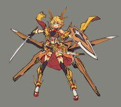 Rule 34 | 1girl, akatsuki gundam, antlers, blonde hair, blue eyes, boots, breasts, grey background, gundam, gundam seed, gundam seed destiny, holding, holding shield, holding sword, holding weapon, horns, japanese clothes, katana, mecha musume, mechanical wings, medium breasts, nakamura eight, obi, open mouth, personification, sash, shield, short hair, solo, sword, thigh boots, thighhighs, weapon, wings