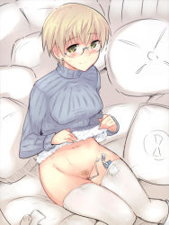 Rule 34 | 1girl, alternate legwear, blonde hair, blush, breasts, cleft of venus, egg vibrator, em (totsuzen no hakike), female focus, female pubic hair, glasses, green eyes, hanna wind, looking at viewer, pubic hair, pussy, ribbed sweater, sex toy, short hair, sitting, smile, solo, strike witches, strike witches: aurora no majo, sweater, thighhighs, uncensored, vibrator, vibrator in thighhighs, white thighhighs, world witches series