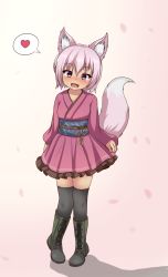 Rule 34 | 1girl, animal ears, arms at sides, black thighhighs, boots, commentary, cross-laced footwear, dress, fang, fox ears, fox tail, frilled skirt, frills, full body, gradient background, head tilt, heart, highres, hotel01, knee boots, light purple hair, looking at viewer, obi, open mouth, original, petals, pink background, purple dress, purple eyes, sash, shadow, short hair, skirt, skirt hold, sleeves past wrists, solo, spoken heart, standing, tail, thighhighs