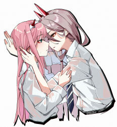 Rule 34 | 2girls, absurdres, black necktie, blue eyes, chainsaw man, commentary request, cropped torso, darling in the franxx, from side, grey background, grey hair, highres, horns, imminent kiss, long hair, long sleeves, multiple girls, necktie, orange eyes, parted lips, pink hair, power (chainsaw man), shirt, short sleeves, sidelocks, simple background, suyujiu u, upper body, very long hair, white shirt, yuri, zero two (darling in the franxx)