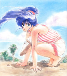 Rule 34 | 1980s (style), 1girl, arm support, ayukawa madoka, barefoot, blouse, blue eyes, blue hair, contrail, day, floating hair, from side, high ponytail, kimagure orange road, long hair, looking at viewer, official art, oldschool, outdoors, painting (medium), palm tree, pants, pants rolled up, retro artstyle, sandals, shirt, shoes, sleeveless, sleeveless shirt, solo, squatting, striped clothes, striped shirt, takada akemi, traditional media, tree, unworn shoes, vertical-striped clothes, vertical-striped shirt, watercolor (medium)