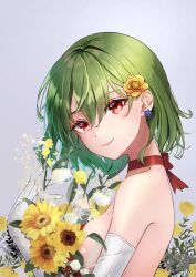 Rule 34 | 1girl, blush, breasts, choker, closed mouth, elbow gloves, flower, from side, gloves, green hair, hair between eyes, hair flower, hair ornament, highres, kazami yuuka, looking at viewer, medium breasts, red choker, red eyes, shironeko yuuki, short hair, sideboob, smile, solo, sunflower, touhou, upper body, white gloves, yellow flower