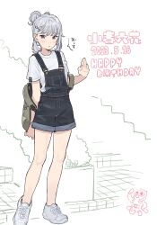 Rule 34 | 1girl, :o, alternate hairstyle, backpack, bag, black overalls, blush, cevio, character name, creature, dated, green bag, grey hair, hair behind ear, hair bun, hair ornament, hairclip, half-closed eyes, hand up, happy birthday, heel up, highres, koharu rikka, looking at viewer, overall shorts, overalls, partially colored, shirt, shoes, short sleeves, sidelocks, single hair bun, sneakers, solo, synthesizer v, t-shirt, teshima nari, translated, white background, white shirt