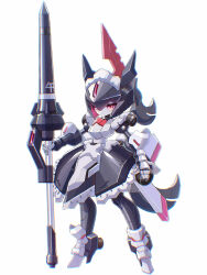 1girl apron black_dress chromatic_aberration dot_nose dress expressionless fake_horns gauntlets helmet high_heels highres holding holding_polearm holding_weapon horned_helmet horns joints lance looking_at_viewer maid maid_apron maid_headdress original petticoat polearm red_eyes robot_girl robot_joints simple_background weapon white_background yoyoyoyoyo_(turuse)