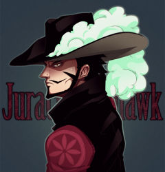 Rule 34 | 1boy, black hair, black hat, character name, corey miller, dracule mihawk, facial hair, feathers, grey background, hat, hat feather, jacket, lining, looking at viewer, male focus, mustache, one piece, popped collar, profile, simple background, solo, yellow eyes