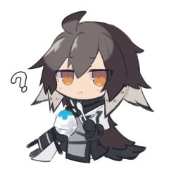 Rule 34 | 1girl, ?, ahoge, arknights, black gloves, brown hair, c:, chibi, cloak, commentary request, female focus, food, gloves, grey shirt, hair between eyes, holding, holding spoon, looking at viewer, lowres, multicolored hair, orange eyes, plume (arknights), sasa onigiri, shaved ice, shirt, smile, solo, spoon, transparent background, two-tone hair, upper body, white hair