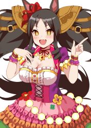 Rule 34 | + +, 1girl, :d, animal ears, black hair, blush, breasts, brown eyes, cleavage, dress, drill hair, drill sidelocks, fang, hair ornament, hand on own chest, highres, horse ears, horse girl, horse tail, index finger raised, large breasts, long hair, looking at viewer, marvelous sunday (umamusume), miya star saa, open mouth, puffy short sleeves, puffy sleeves, short sleeves, sidelocks, simple background, smile, solo, tail, twintails, umamusume, upper body, white background