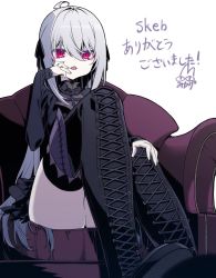 Rule 34 | 1girl, armchair, bat ornament, black dress, black footwear, black ribbon, boots, chair, cross-laced footwear, dress, fishnet thighhighs, fishnets, goth fashion, grey hair, hair between eyes, hair ribbon, highres, long hair, looking at viewer, mearylis (yamanasi mikage), open mouth, original, pale skin, red eyes, ribbon, sitting, sleeves past wrists, solo, thigh boots, thighhighs, thighhighs under boots, very long hair, yamanasi mikage