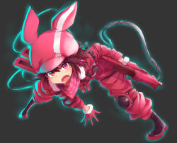 Rule 34 | 1girl, absurdres, boots, brown hair, bullpup, elbow pads, full body, fur-trimmed gloves, fur trim, gloves, gun, hair between eyes, hat, highres, holding, holding gun, holding weapon, jacket, knee pads, llenn (sao), load bearing vest, looking at viewer, military, military uniform, open mouth, orihiro0614, p-chan (sao), p90, pants, personal defense weapon, pink eyes, pink gloves, pink hat, pink jacket, pink pants, scarf, short hair, simple background, solo, submachine gun, sword art online, sword art online alternative: gun gale online, uniform, weapon