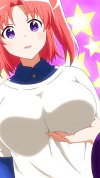 Rule 34 | 1girl, animated, animated gif, bouncing breasts, grabbing another&#039;s breast, breast lift, breasts, grabbing, large breasts, mikakunin de shinkoukei, no bra, purple eyes, red eyes, red hair, solo focus, star (symbol), starry background, yonomori kobeni