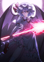 Rule 34 | 1girl, bat wings, blue hair, collared dress, commentary request, cup, dress, foot out of frame, frilled shirt collar, frilled skirt, frilled sleeves, frills, hand up, hat, highres, holding, holding cup, holding polearm, holding weapon, looking at viewer, mary janes, mob cap, open mouth, pointy ears, polearm, puffy short sleeves, puffy sleeves, red eyes, red footwear, red ribbon, remilia scarlet, ribbon, shoes, short hair, short sleeves, single wrist cuff, skirt, smile, socks, solo, spear the gungnir, teacup, touhou, wanko sora, weapon, white dress, white hat, white socks, wings, wrist cuffs