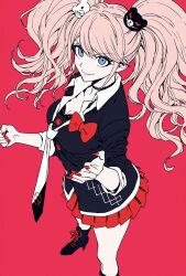 Rule 34 | 1girl, bear hair ornament, black bra, black choker, black necktie, black shirt, bra, breasts, choker, cleavage, closed mouth, danganronpa: trigger happy havoc, danganronpa (series), enoshima junko, from side, hair ornament, high heels, highres, large breasts, long sleeves, meola, miniskirt, necktie, pink background, pleated skirt, red nails, red skirt, shirt, simple background, skirt, smile, solo, twintails, underwear, white necktie