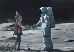 Rule 34 | 1girl, american flag dress, american flag legwear, astronaut, black sky, blonde hair, clownpiece, commentary request, dress, from side, full body, gloves, hat, helmet, ichiba youichi, jester cap, long sleeves, looking at another, moon, neck ruff, no shoes, on moon, oxygen tank, pantyhose, polka dot headwear, profile, purple hat, reaching, reaching towards viewer, revision, shadow, shoes, short dress, short sleeves, sky, smile, space helmet, standing, star (symbol), star print, striped clothes, striped dress, striped pantyhose, touhou, white footwear, white gloves, yellow eyes