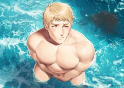 1boy absurdres artist_name bara blonde_hair closed_eyes closed_mouth commentary completely_nude covering_privates dungeon_meshi embarrassed english_commentary from_above highres laios_touden looking_to_the_side male_focus male_swimwear nipples nude short_hair solo standing swim_trunks twitter_username varantart very_short_hair wading water yellow_eyes