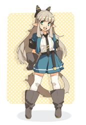 Rule 34 | 1girl, :d, black bow, black necktie, blue jacket, blue skirt, blunt bangs, boots, bow, bright pupils, collared shirt, commentary, elf, english commentary, full body, gloves, green eyes, grey gloves, grey hair, hair bow, jacket, long hair, low-tied long hair, necktie, open clothes, open jacket, open mouth, original, pointy ears, polka dot, polka dot background, shirt, short sleeves, skirt, smile, solo, standing, thighhighs, very long hair, vins-mousseux, white pupils, white shirt, white thighhighs, wing collar