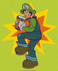 Rule 34 | 1boy, blue eyes, brown footwear, brown hair, commentary, corrupted twitter file, english commentary, facial hair, flashlight, full body, gloves, green background, green hat, green shirt, gumiibugz, hat, highres, holding, holding flashlight, long sleeves, looking back, luigi, male focus, mario (series), mustache, nintendo, open mouth, overalls, polka dot, polka dot background, shirt, shoes, short hair, simple background, solo, standing, standing on one leg, white gloves