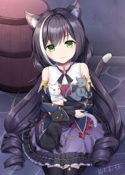 Rule 34 | 1girl, animal, animal ear fluff, animal ears, bare shoulders, barrel, black hair, black thighhighs, carrying, cat, cat ears, cat girl, cat tail, commentary request, detached sleeves, drill hair, garter straps, highres, karyl (princess connect!), long hair, long sleeves, looking at viewer, multicolored hair, omoomomo, on floor, princess connect!, seiza, shirt, sitting, skirt, smile, solo, streaked hair, tail, thighhighs, twin drills, very long hair, white hair