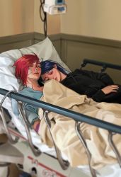 Rule 34 | 2girls, bandage on face, bandaged neck, bandages, bed, blue hair, caitlyn (league of legends), closed mouth, closed eyes, highres, hospital bed, hospital gown, hv 0519, indoors, league of legends, lying, multiple girls, on back, on bed, pink hair, short hair, sleeping, vi (league of legends), yuri