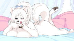 Rule 34 | 1girl, ;q, animal ears, blue eyes, blush, body fur, breasts, cake, food, furry, furry female, hair ribbon, huge breasts, kikurage (crayon arts), looking at viewer, lying, nude, on stomach, one eye closed, original, ribbon, snout, solo, tail, tongue, tongue out