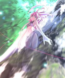 Rule 34 | forest, glowing, green eyes, highres, long hair, nature, pink hair, smile, solo, ssi, tree