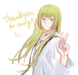 Rule 34 | 1boy, androgynous, bad id, bad pixiv id, blush, csyday, enkidu (fate), fate/strange fake, fate (series), green eyes, green hair, long hair, male focus, robe, solo, thank you, v, white robe