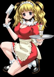 Rule 34 | 00s, 1girl, apron, arm up, ass, black background, blonde hair, blue eyes, blush, bobby socks, boin, boin lecture, bow, bowtie, breasts, cleavage, closed mouth, dress, facing viewer, food, frilled apron, frilled skirt, frills, game cg, hair ornament, hair ribbon, hair ribbons, hair tie, hand up, happoubi jin, happy, headdress, holding, holding tray, ice cream, kneeling, large breasts, long hair, looking at viewer, maid, maid apron, maid headdress, mary janes, on one knee, receipt, red dress, ribbon, shoes, simple background, sitting, skirt, smile, socks, solo, sundae, tray, tsukushino mitsugu, twintails, waitress, wavy hair