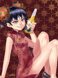 Rule 34 | 1girl, :3, ahoge, alcohol, arm support, artist name, beer, beer bottle, black footwear, black hair, bottle, breasts, brown background, bun cover, china dress, chinese clothes, commentary, corona-chan, corona (brand), coronavirus, dated, demon girl, double bun, dress, drink, earrings, english commentary, eyelashes, fangs, foot out of frame, green eyes, grin, hair bun, hair up, hands on ground, high heels, holding, holding bottle, holding drink, hoop earrings, jewelry, kikino, knees up, looking at viewer, nose, parted lips, personification, pointy ears, print dress, pumps, red dress, red nails, red pupils, short dress, short sleeves, signature, sitting, skull and crossbones, small breasts, smile, solo, spiral, thighs, toggles